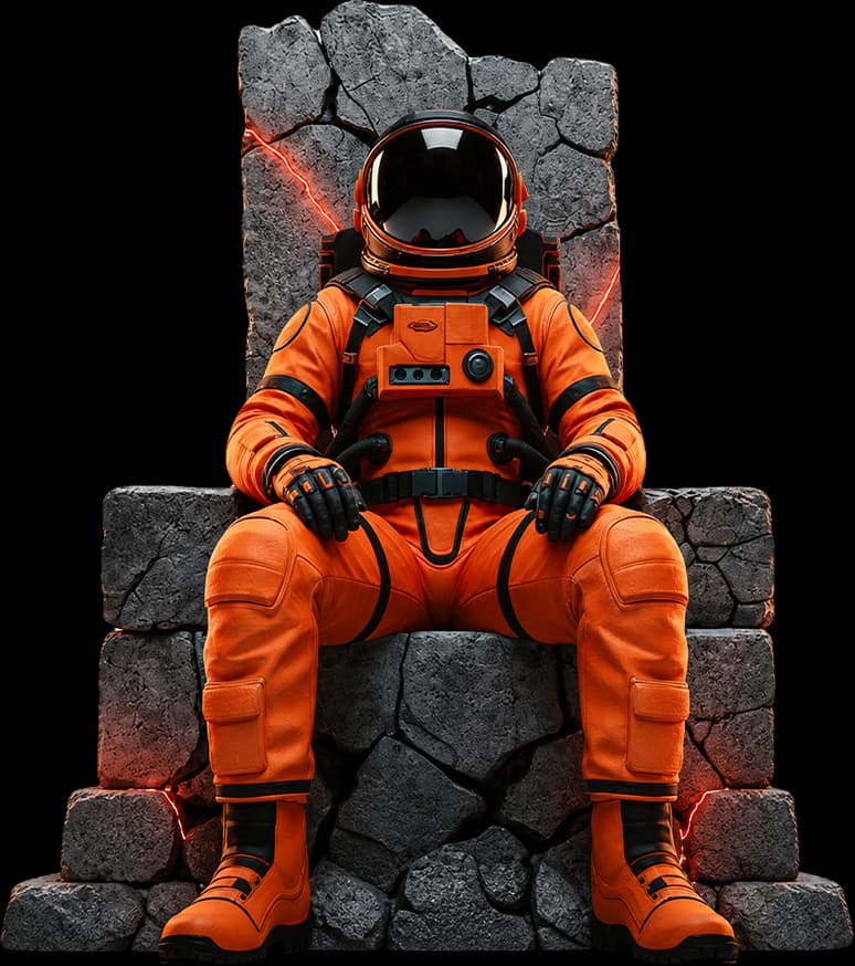 Astronauta da Zyrux sentado em um trono de pedra